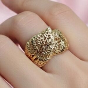 DEVATA Ring 14k Gold Plated Sterling Silver Dome Bali Leaf Chunky 8